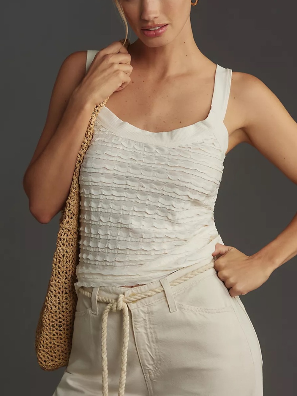 Anthropologie Scoop Neck White Ruffle Tank